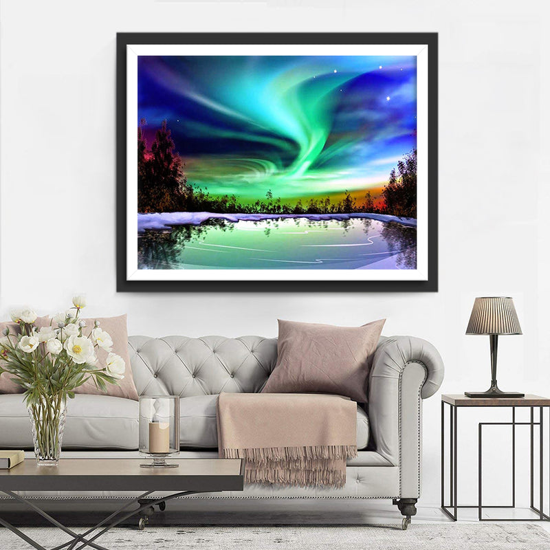 Starry Sky and Northern Lights with Lake Diamond Painting