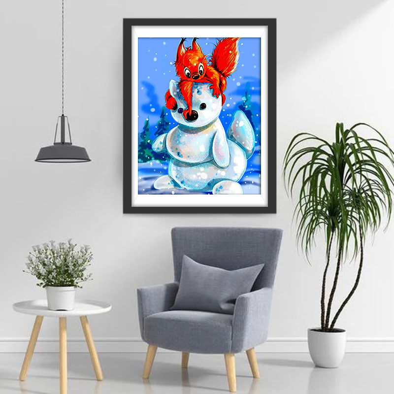 Red Squirrel and Snowman Diamond Painting