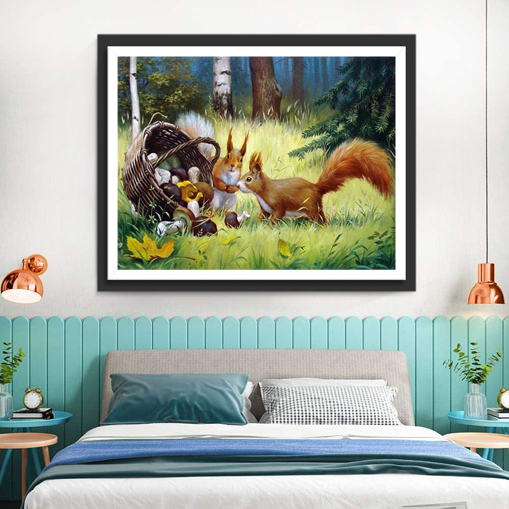 Two Curious Squirrels and Mushrooms Diamond Painting
