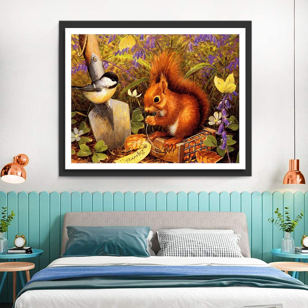 Squirrel and Tit with Flowers Diamond Painting