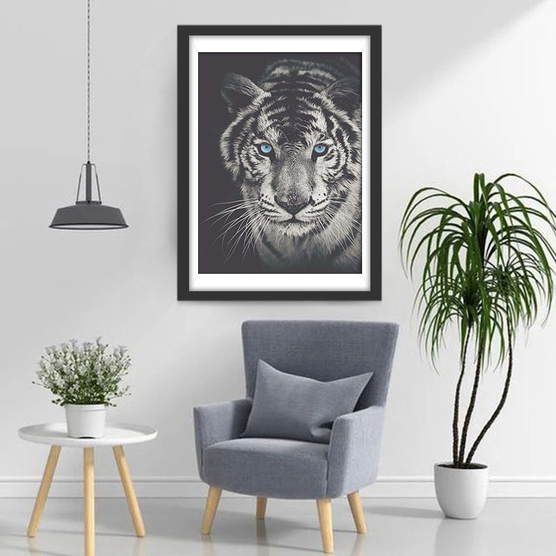 Blue-Eyed White and Black Tiger Diamond Painting