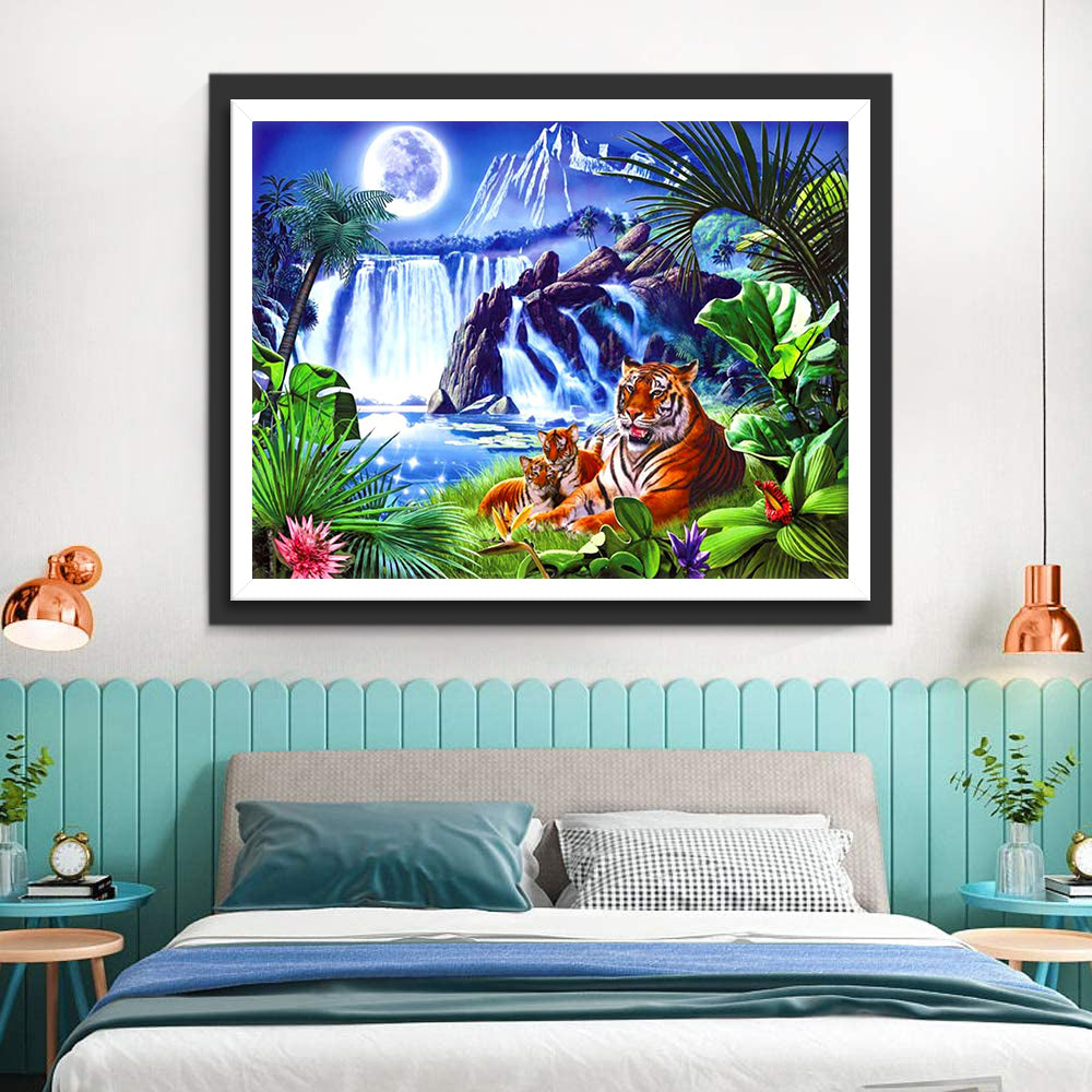 Tiger Family under the Clear Moon Diamond Painting