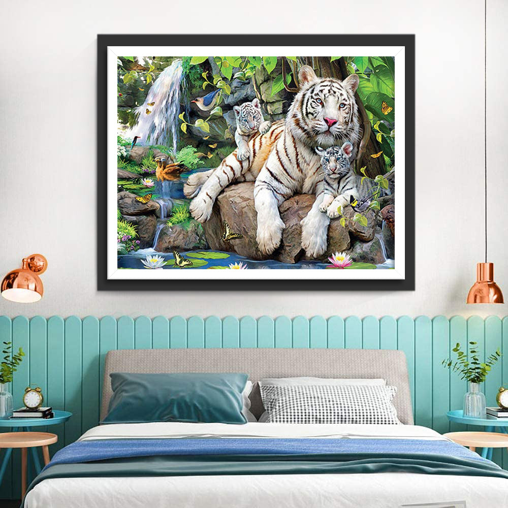 White tiger and kids in front of the waterfall Diamond Painting