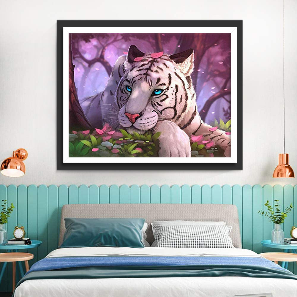 White Tiger and Roses Diamond Painting