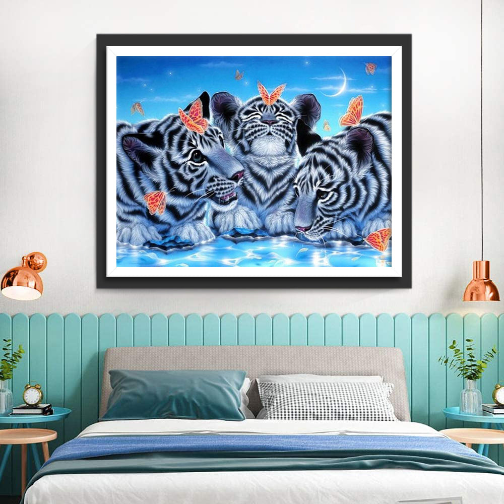 Three Little White Tigers and Butterflies Diamond Painting