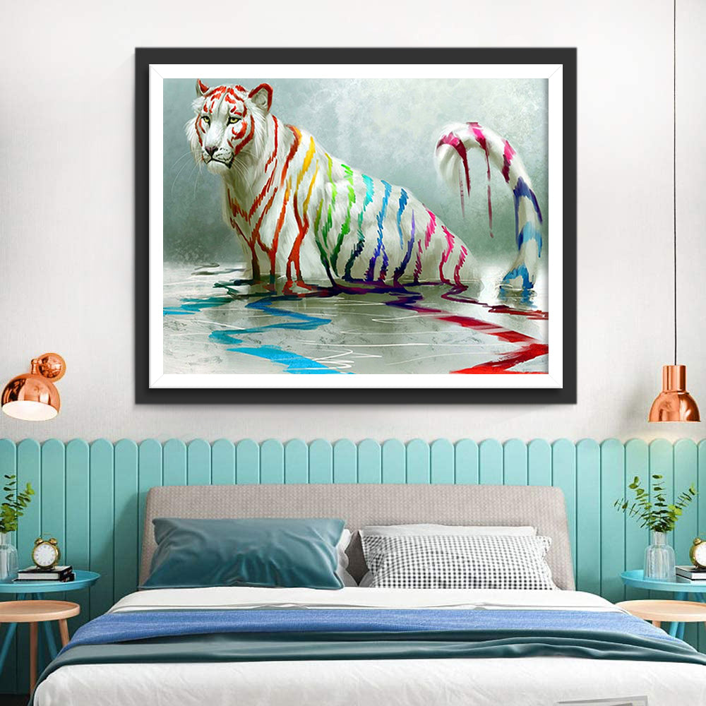 White Tiger with Rainbow Patterns Diamond Painting