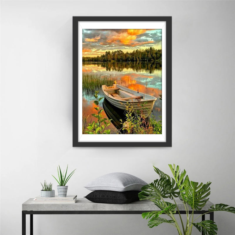 Lake, Boat and Forest Diamond Painting