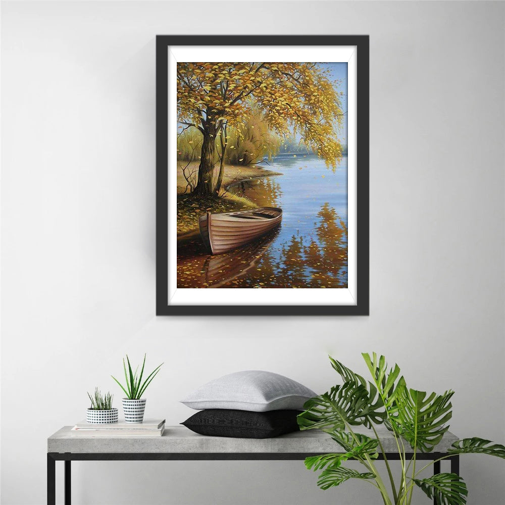 Winter Tree and Wooden Boat Diamond Painting