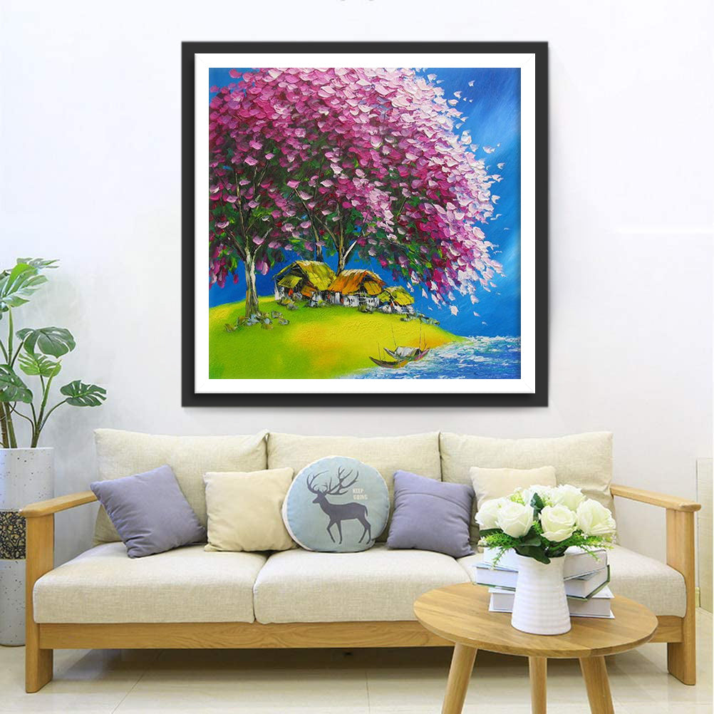 Flower Tree and Cottages Diamond Painting