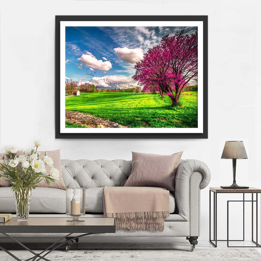 Pink Tree and Lawn Diamond Painting