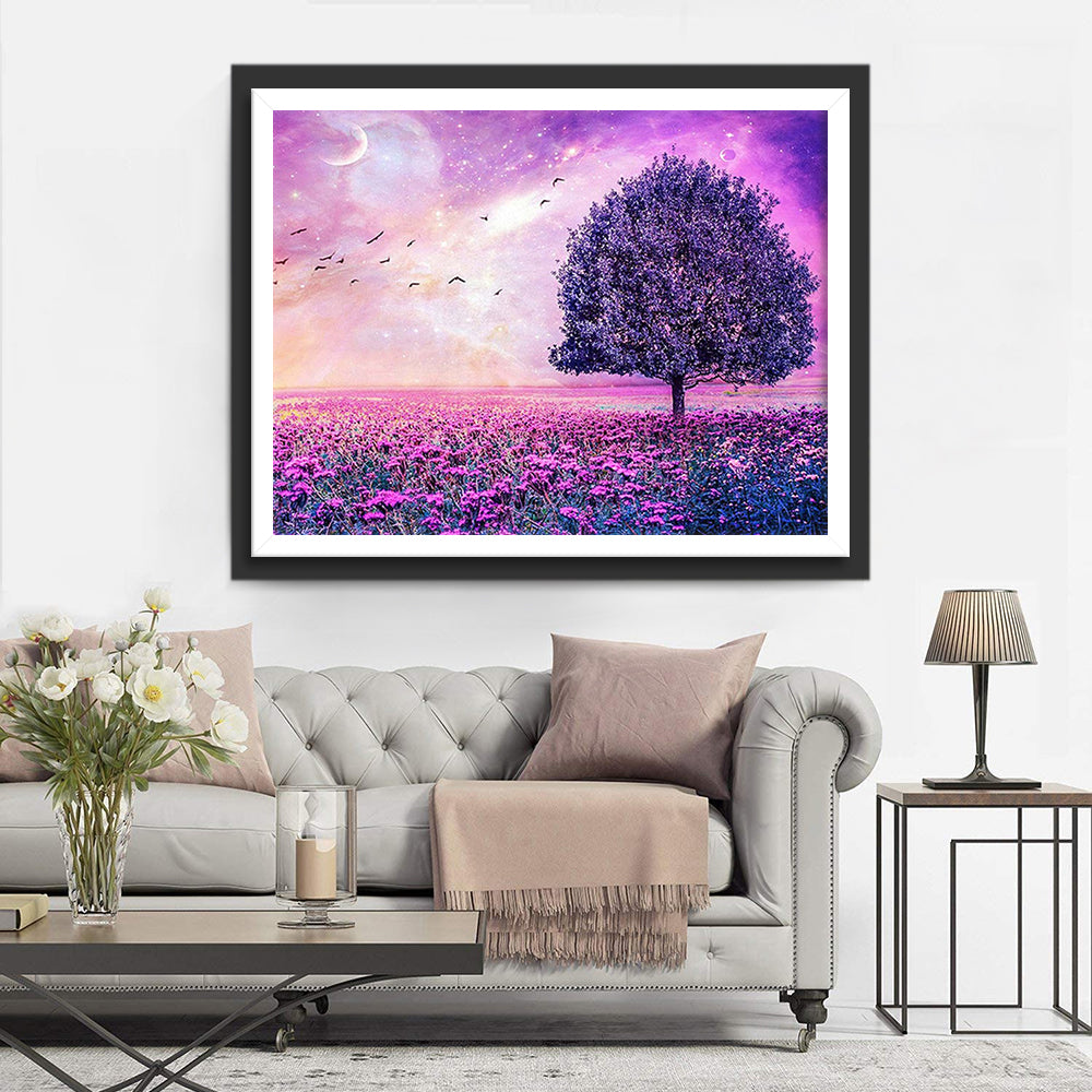 Purple Tree and Flowers Diamond Painting