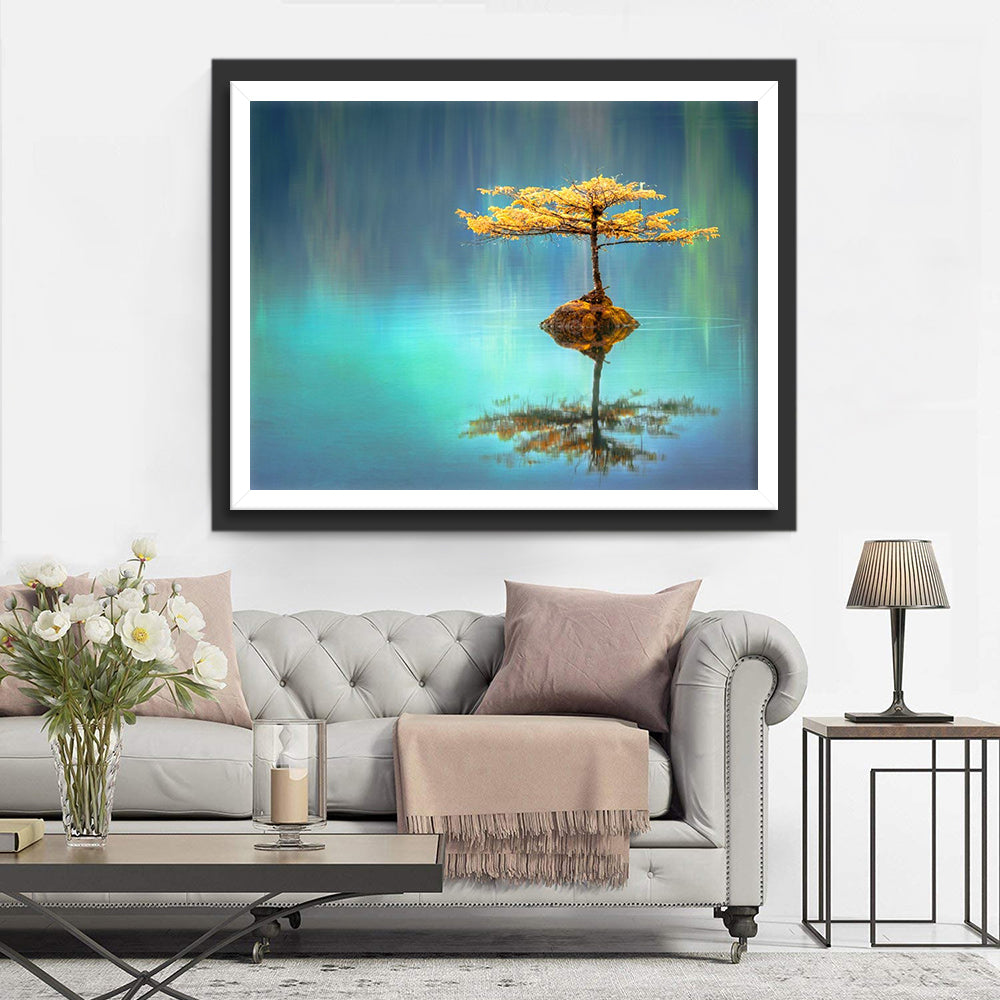 Tree with Golden Leaves in the Middle of Water Diamond Painting