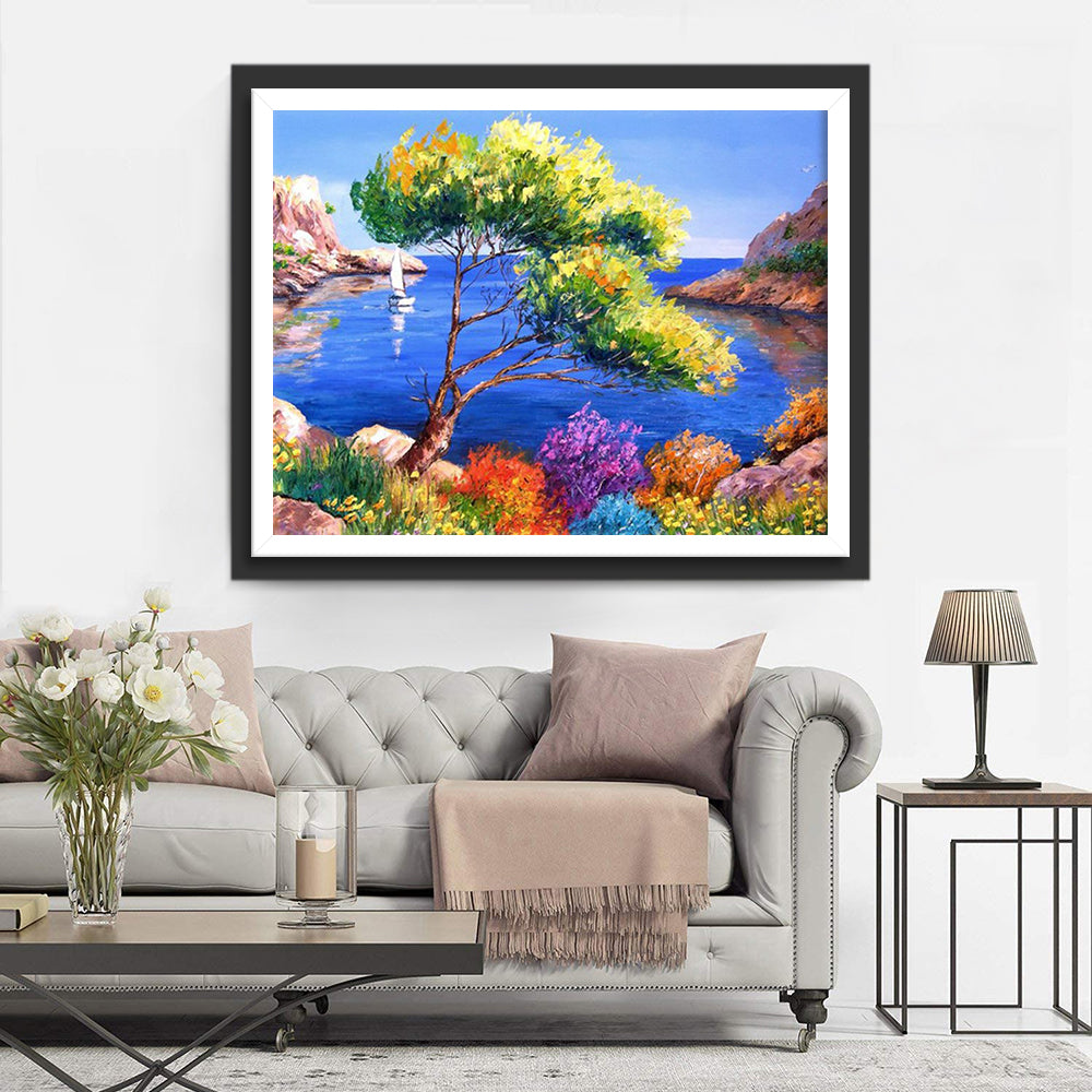 Leaning Tree by the Lake Diamond Painting