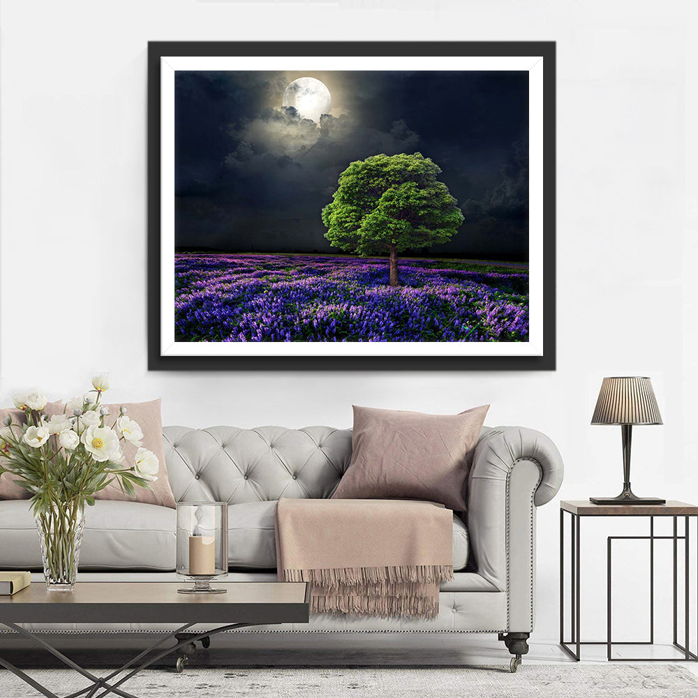 Tree and Lavender at Night Diamond Painting