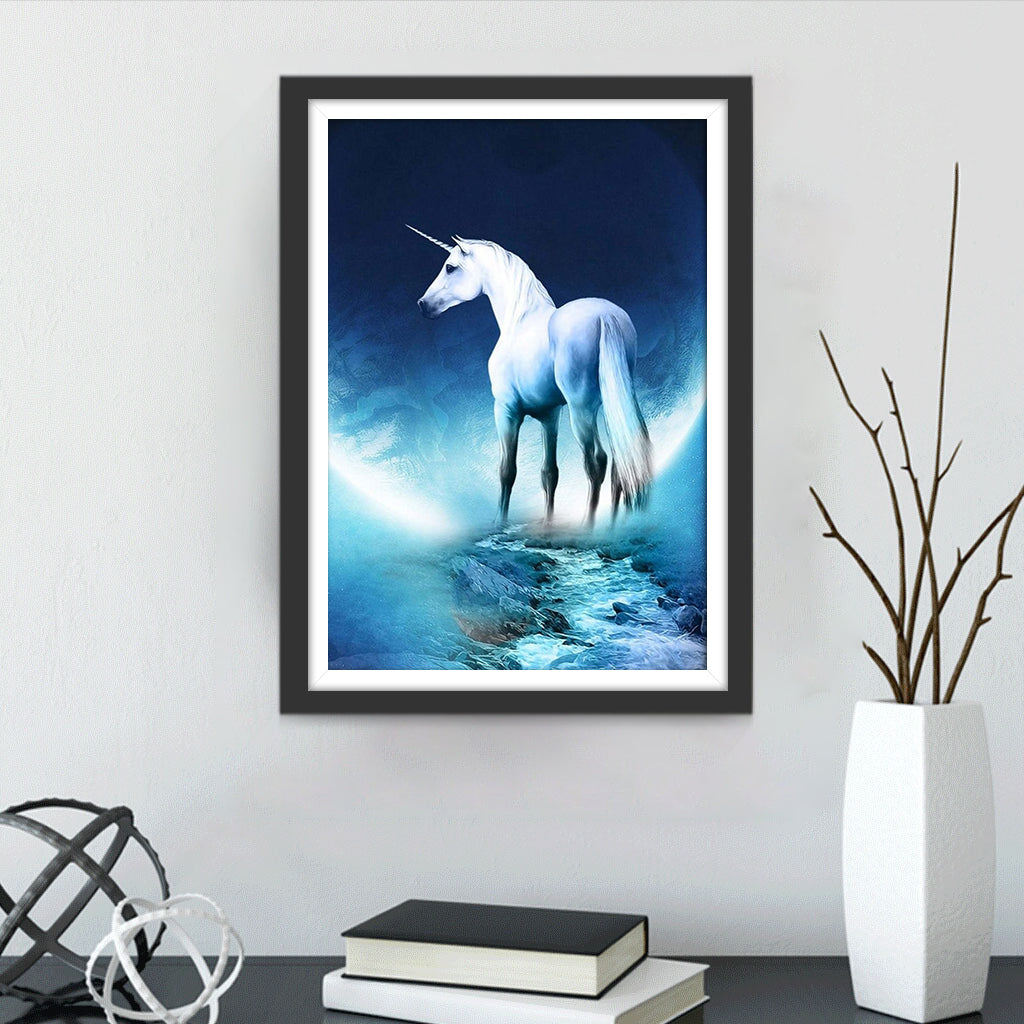 Elegant White Unicorn and Clear Moon Diamond Painting