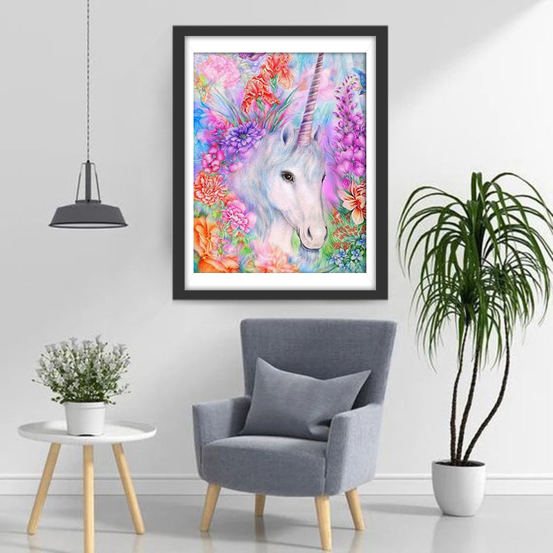 Unicorn and Multicolored Flowers Diamond Painting