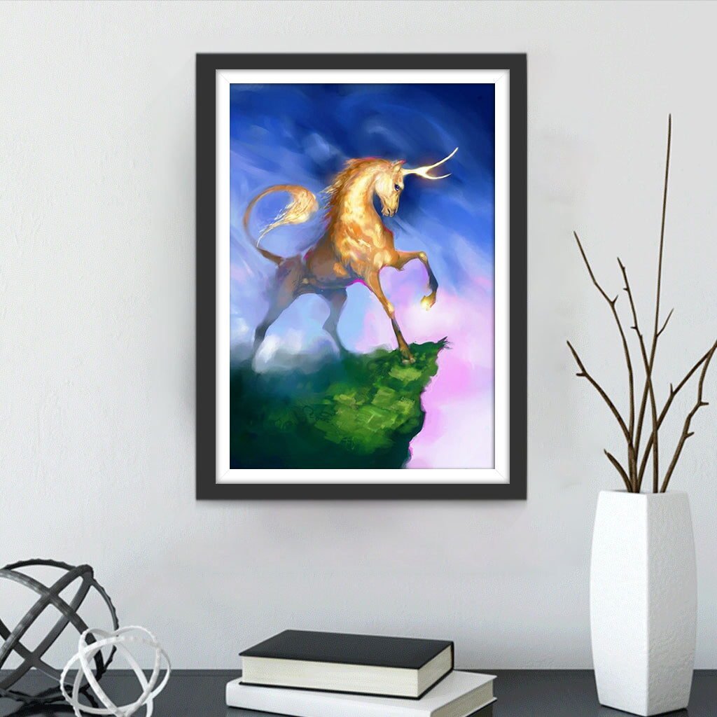 Golden Unicorn with Luminous Horn Diamond Painting