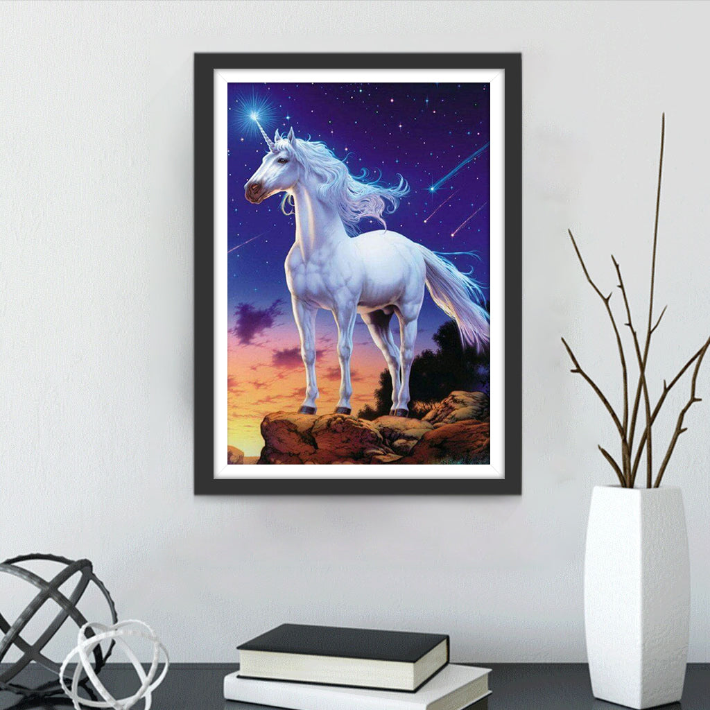 White Unicorn at the Top of the Cliff and Shooting Stars Diamond Painting
