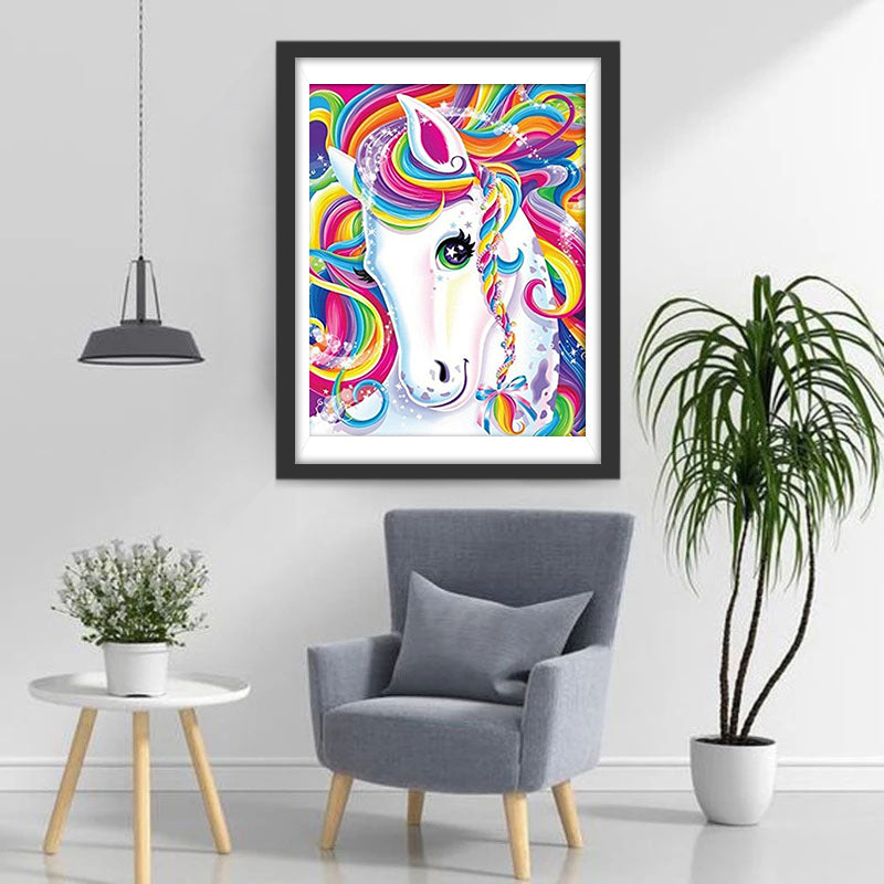 White Horse with Multicolored Mane Diamond Painting