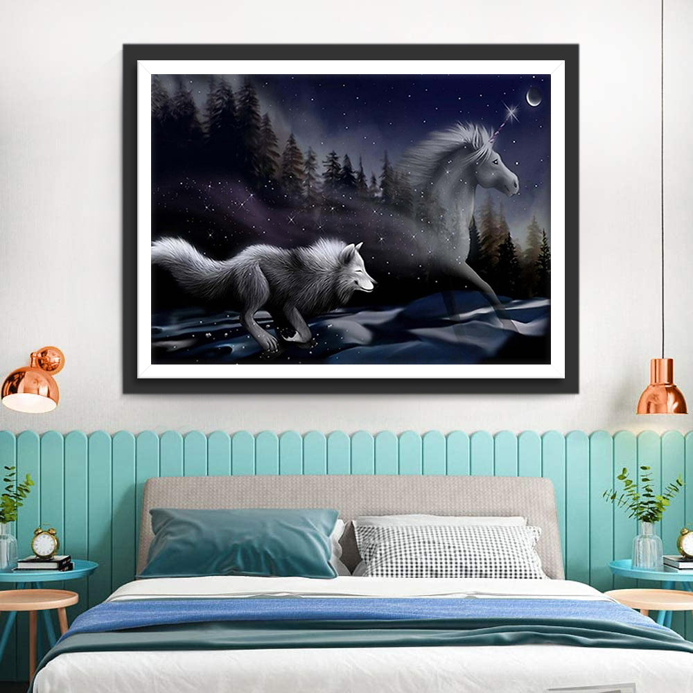 White Unicorn and Wolf Diamond Painting
