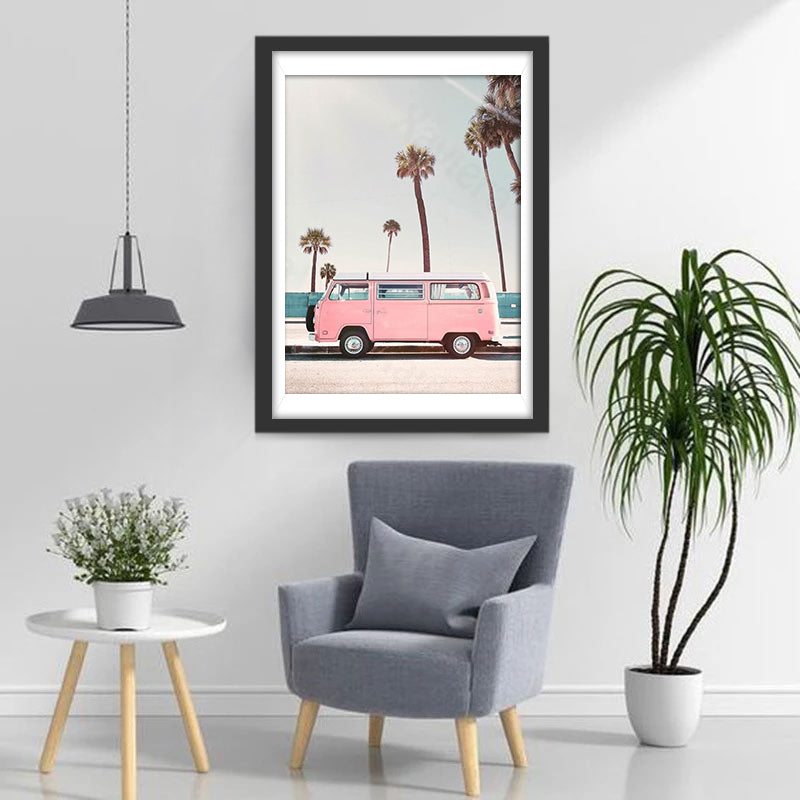 Pink Bus and Coconut Trees 5D DIY Diamond Painting Kits