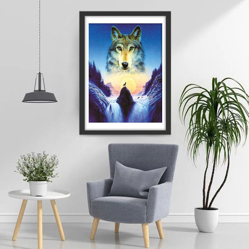 Huge Wolf's Head above the Waterfall Diamond Painting