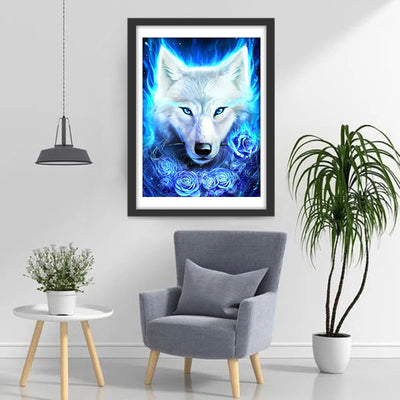 White Wolf and Blue Roses Diamond Painting