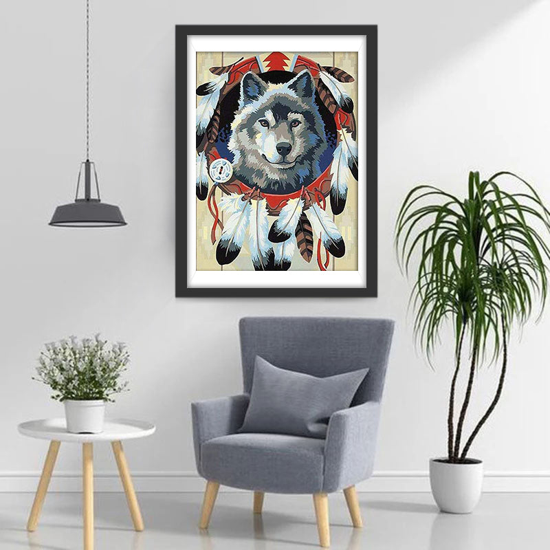 Gray Wolf and White Feathers Diamond Painting