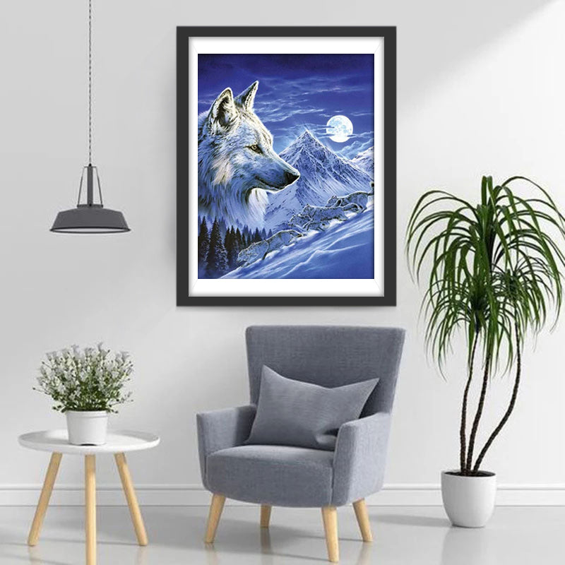 Wolf, Snowy Mountain and Moon Diamond Painting