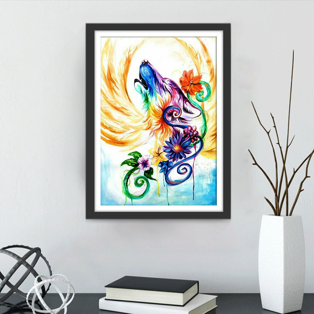 Multicolored Wolf and Different Flowers Diamond Painting