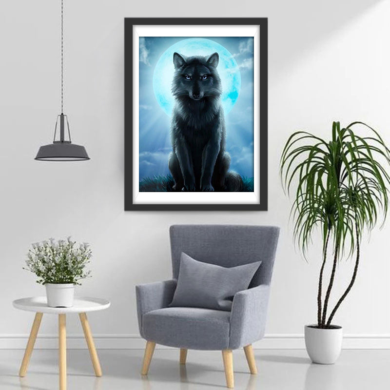 Black Wolf and Blue Moon Diamond Painting