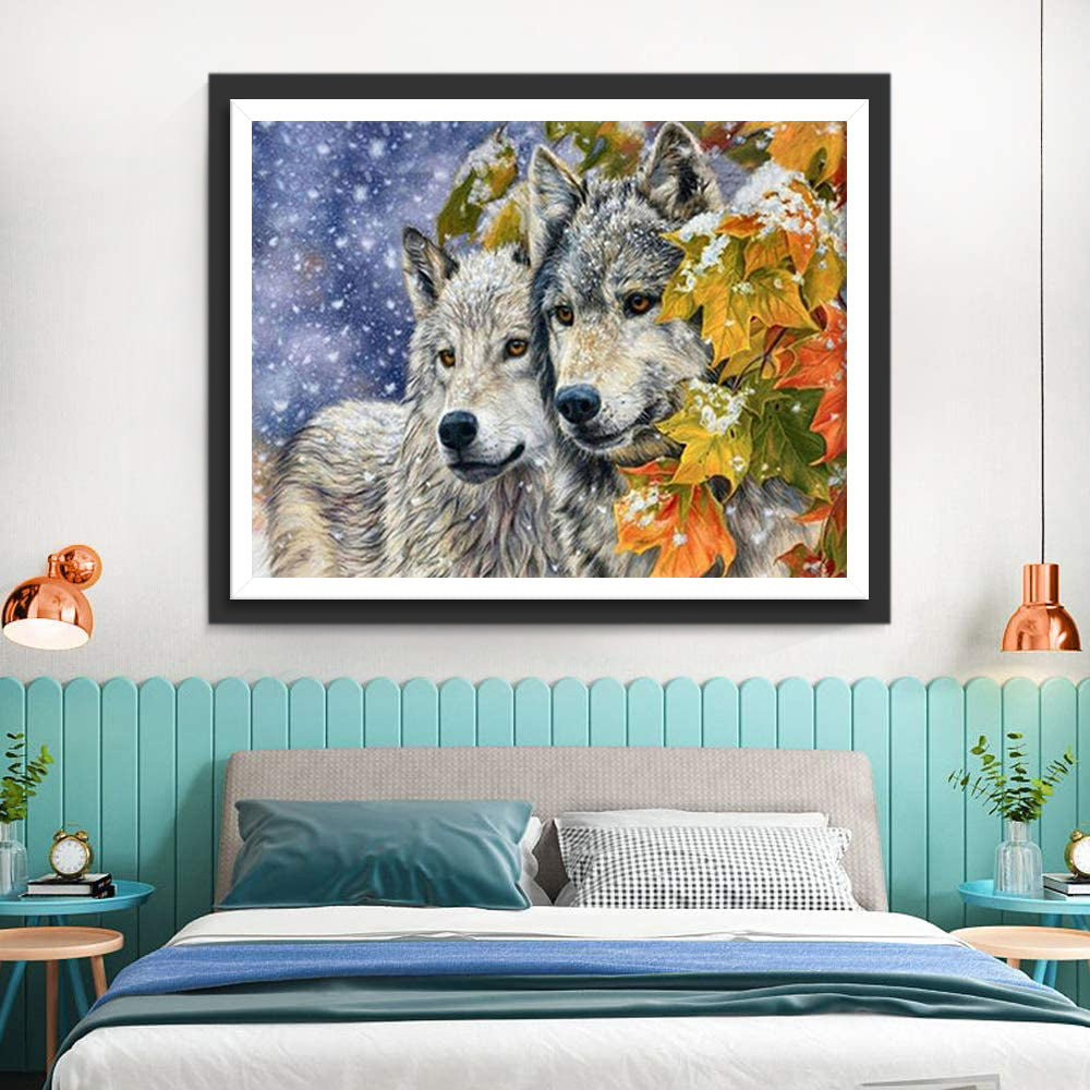 Wolves Huddled and Red Leaves Diamond Painting