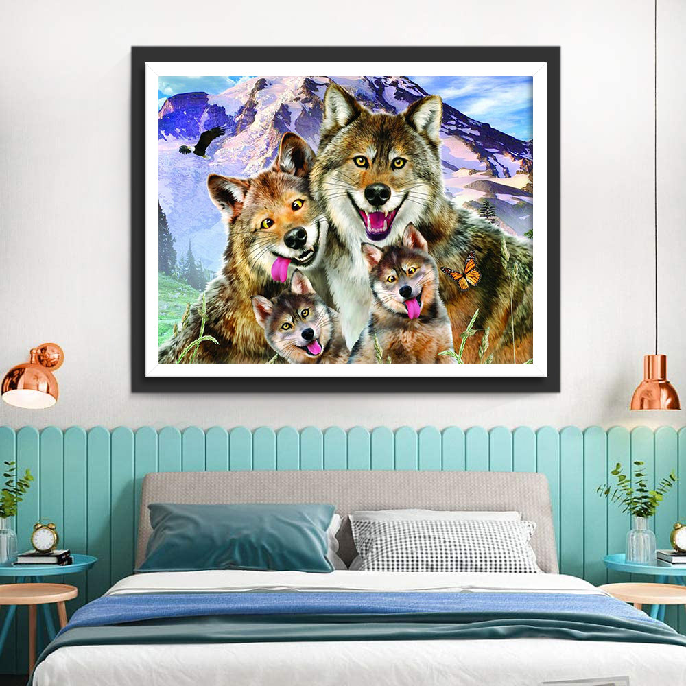 Couple of Wolves and Their Cubs Diamond Painting