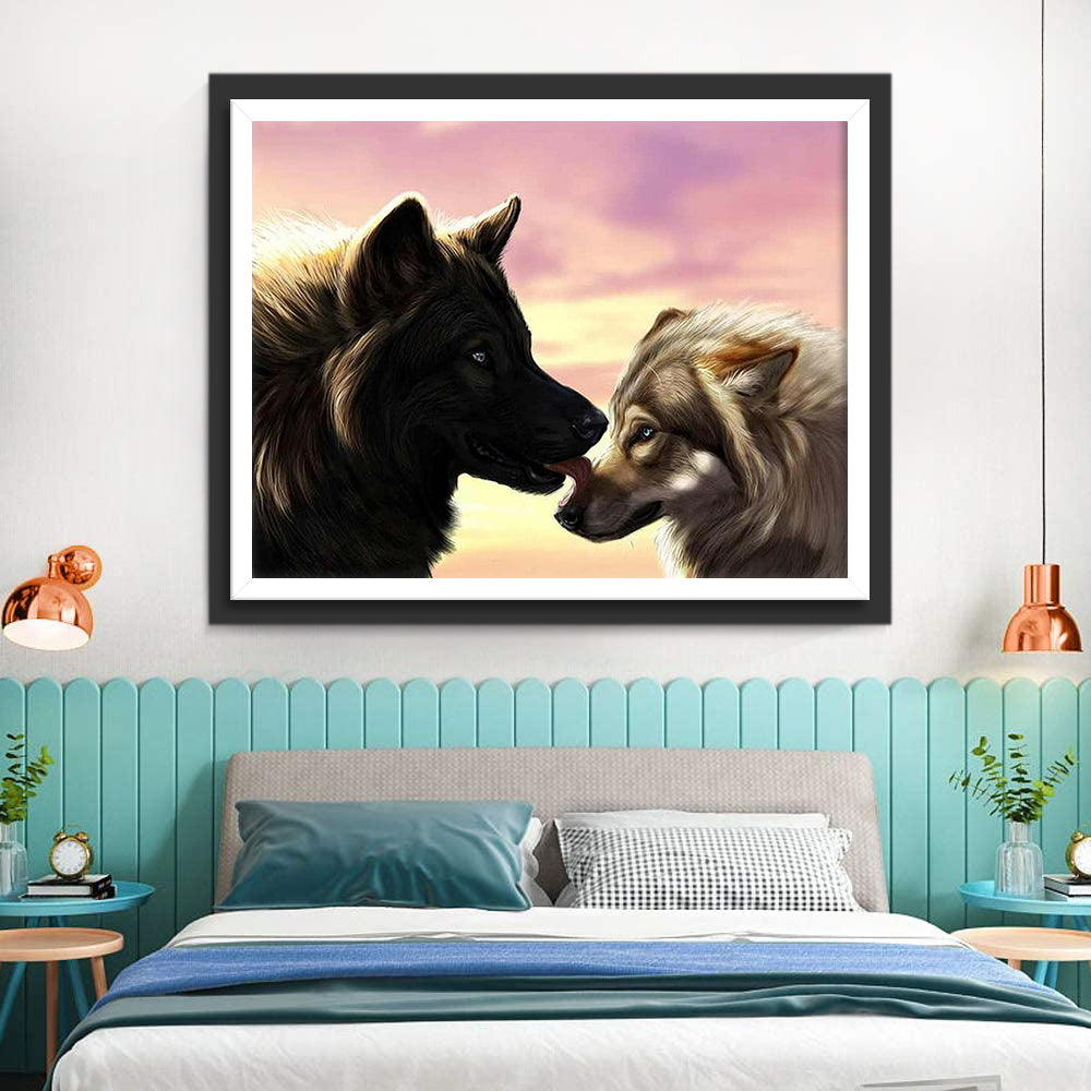 Black Wolf and Gray Wolf Licking Each Other Diamond Painting